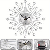 Crystal Diamond Beaded Sunburst Wall Clock, Silent Non-Ticking Modern Decorative Clock for Living Room