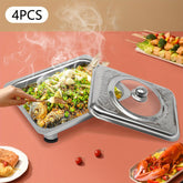 4-Piece Stainless Steel & Glass Buffet Tray Set – Detachable Legs, Food Serving & Hot Pot Plates