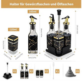 4-Piece Glass Spice Jar & Oil Bottle Set with Base – Salt, Pepper, Vinegar & Olive Oil Dispensers