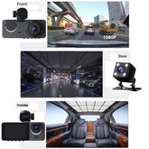 3-Channel 1080P Dash Cam with WiFi & App Control – Front, Inside & Rear, 32GB Card Included