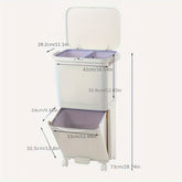 2-Compartment Plastic Trash Bin with Wheels, Large Capacity Kitchen & Home Waste Organizer, 42x28x73cm