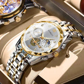 Multifunctional Men’s Automatic Mechanical Watch with Starry Sky Dial, Steel Band, Sun Moon Design