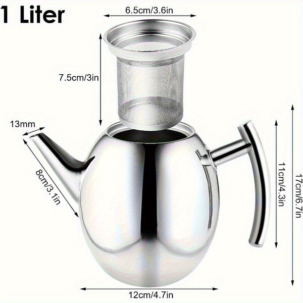 1.5L Stainless Steel Teapot with Infuser – Portable Tea Maker for Camping, Travel, Office, Silver