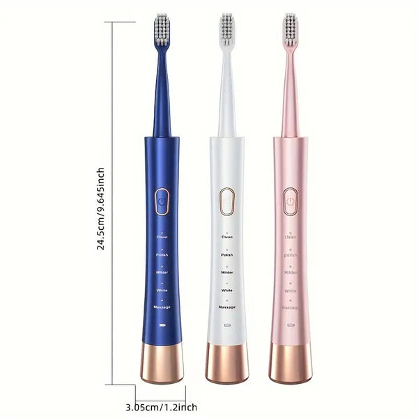 Adult Sonic Electric Toothbrush with 3 Replacement Heads, USB Rechargeable, Smart Timer for Men & Women
