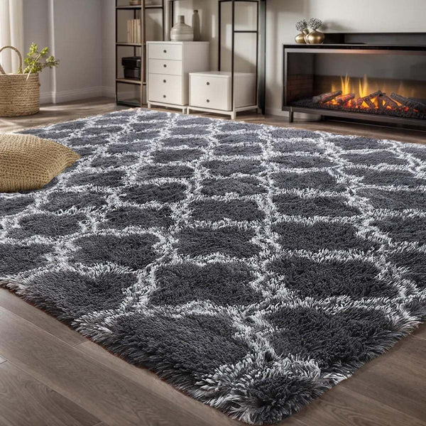 1pc Shag Area Rug 5.25x7.55 Feet 160X230 CM Extra Soft Rugs for Living Room, High Pile Indoor Carpet for Bedroom, Playroom, Nursery, Home Decor, Geometric, Grey Black