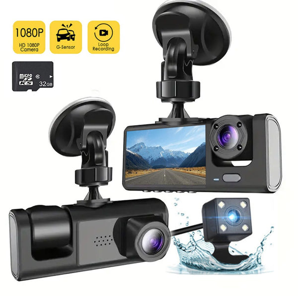 1080P Dual Dash Cam with IR Night Vision & 32GB Card – 3 Lens Car DVR, Wide Angle, Loop Recording