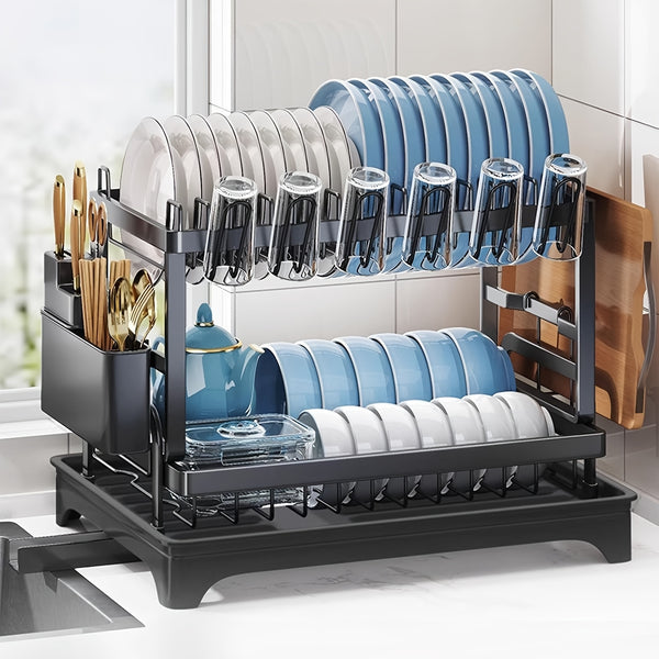 Heavy-Duty 2-Tier Stainless Steel & PP Dish Rack – Large Capacity Countertop Organizer with Adjustable Shelves