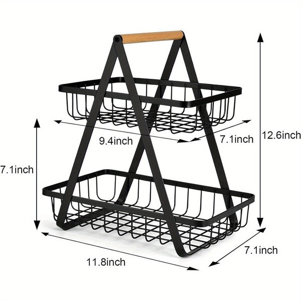 2-Tier Metal Fruit & Vegetable Basket with Wooden Handle, Detachable Kitchen Rack for Snacks, Bread, and Produce