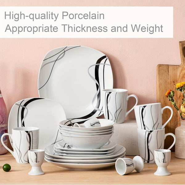 20-Piece Ceramic Dinnerware Set for 4 – Square Plates, Bowls, Mugs & Egg Holders, White Tableware Set