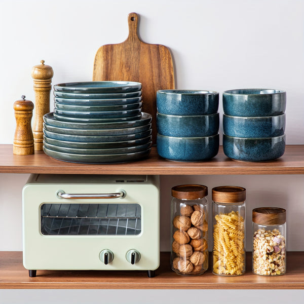 18-Piece Blue Stoneware Dinner Set for 6 – Reactive Glaze Plates & Bowls, Dinner, Dessert & Cereal Tableware