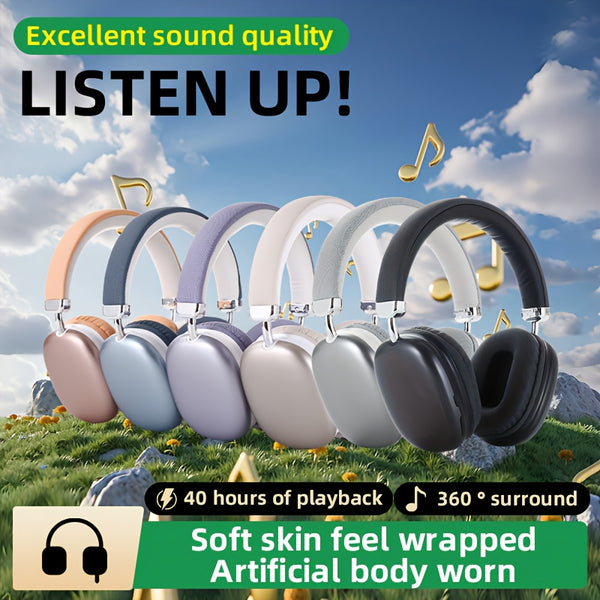 Bluetooth Wireless Headset with Microphone – 40-Hour Playback, Retractable Design, Soft Memory Ear Cups